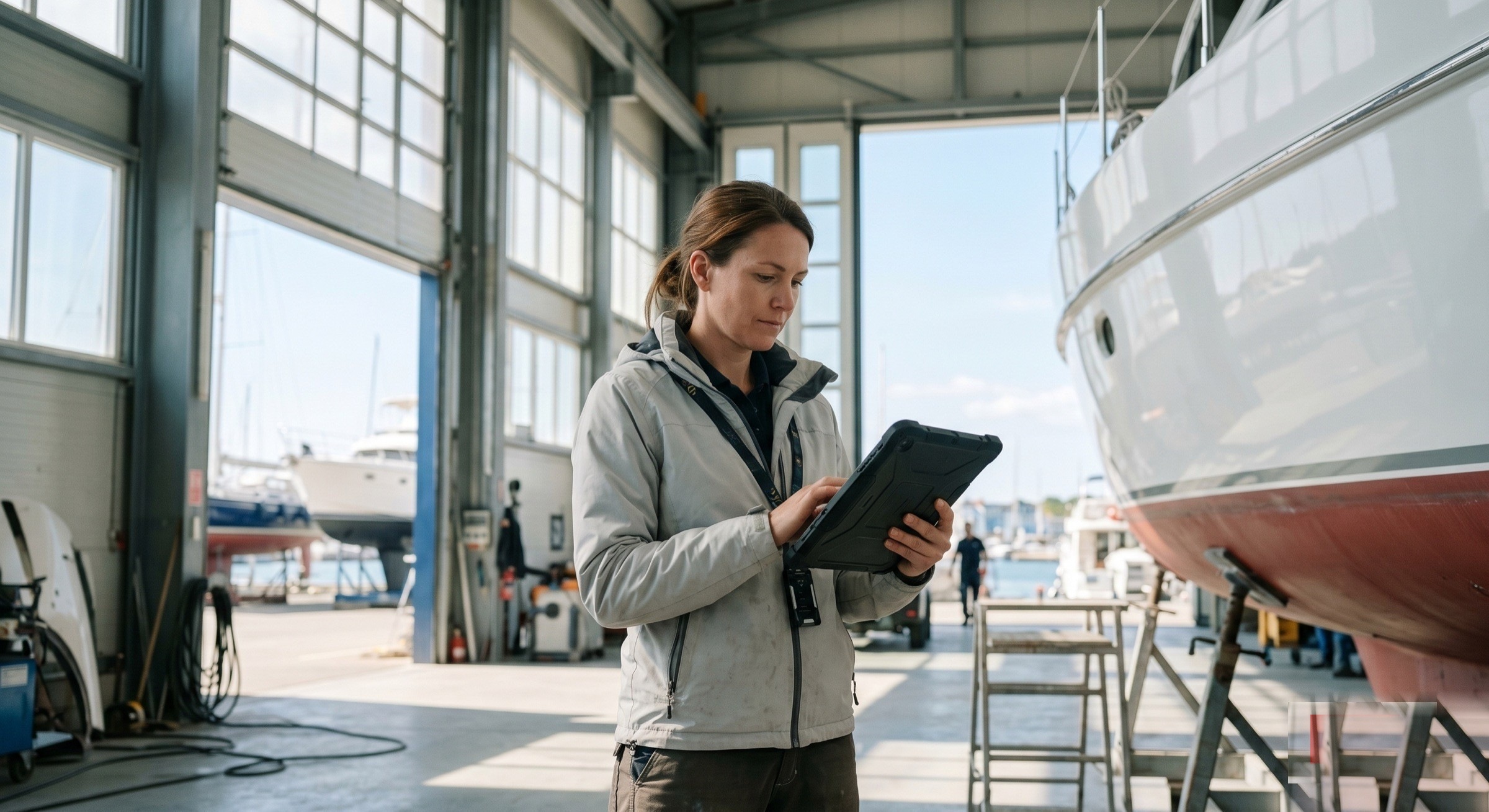 A yard operator reviewing work on a tablet beside a yacht under refit