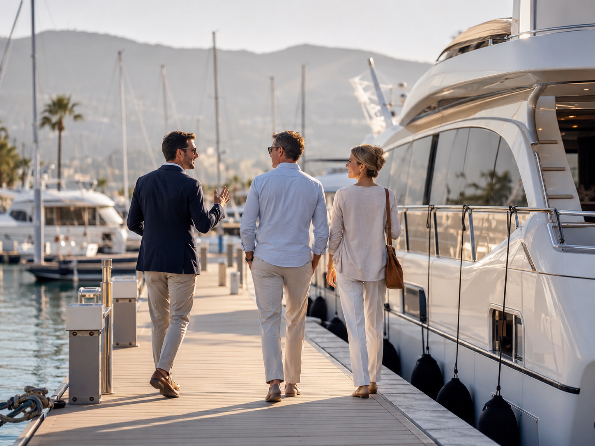 A broker showing a couple a yacht on a sunlit marina pontoon