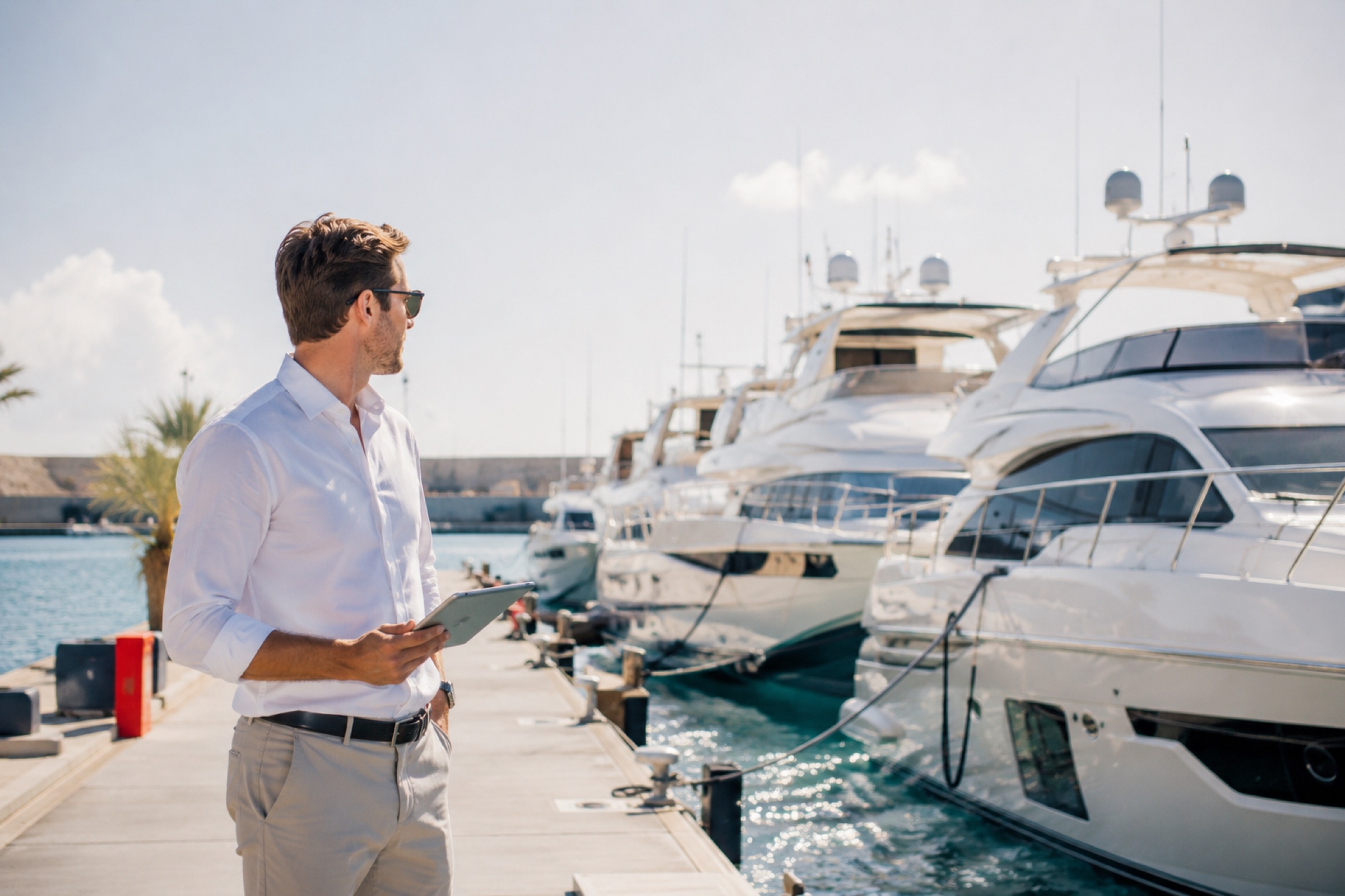 A dealer reviewing a tablet beside a row of moored motor yachts