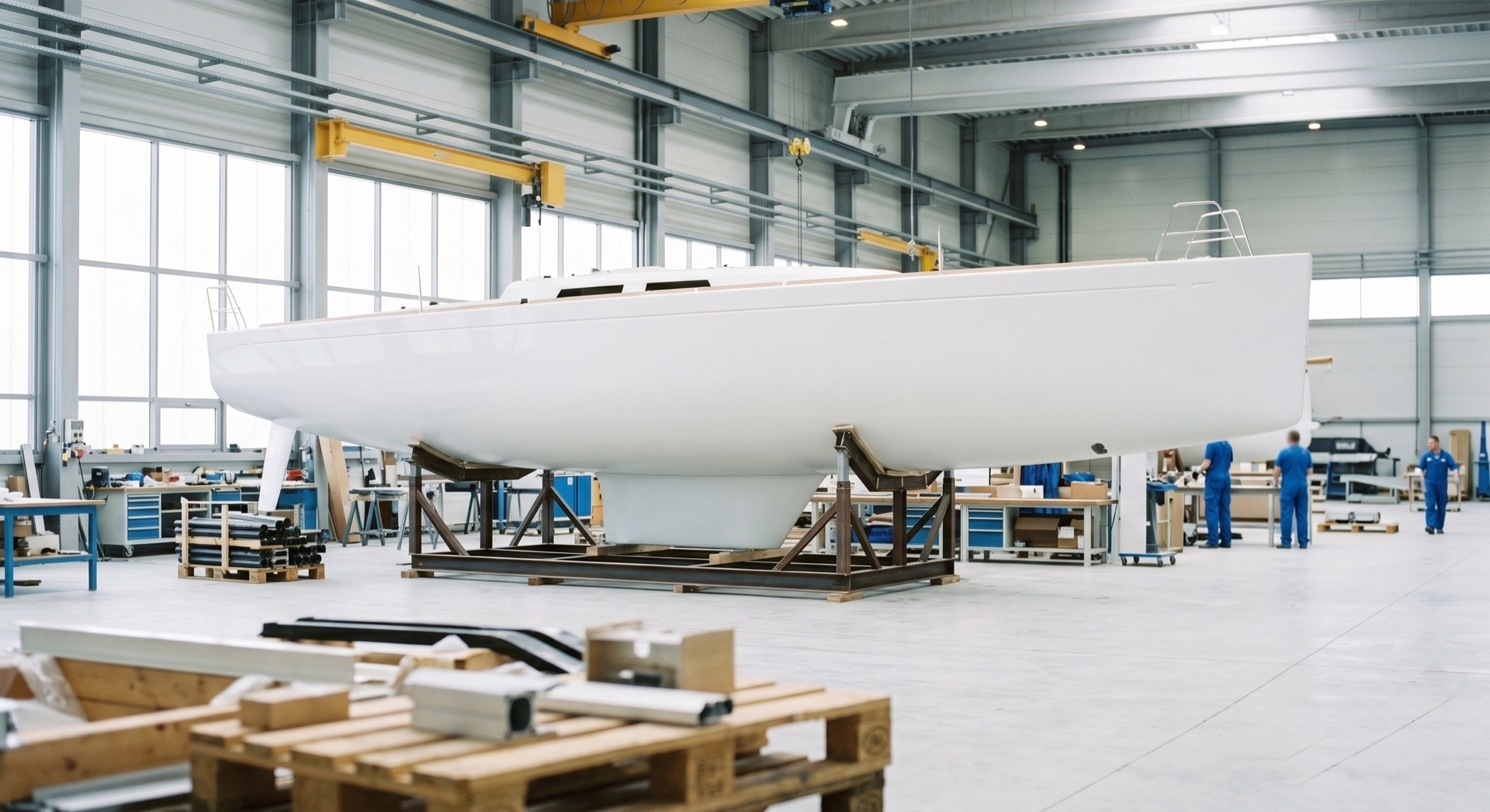 A new-build hull on stands inside a bright construction hall